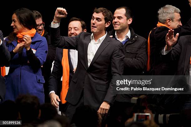 Ciudadanos party leader Albert Rivera gestures at the end of the final electoral campaign rally at Plaza de Santa Ana on December 18, 2015 in Madrid,...