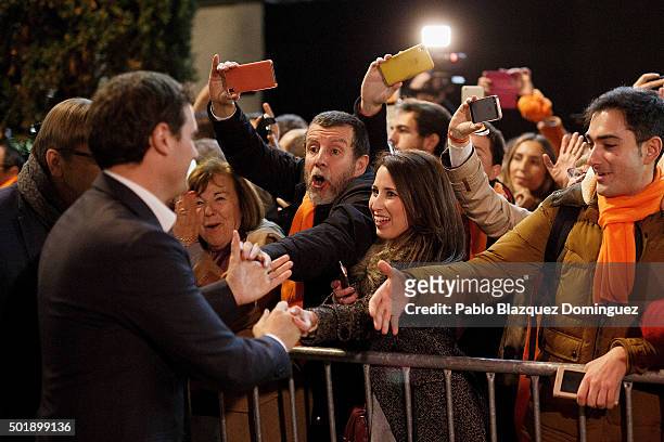 Ciudadanos party leader Albert Rivera shakes hands with supporters as he arrives to his the final electoral campaign rally at Plaza de Santa Ana on...