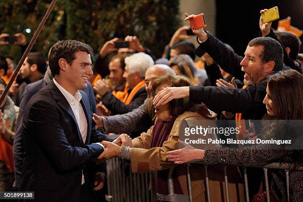 Ciudadanos party leader Albert Rivera shakes hands with supporters as he arrives to his the final electoral campaign rally at Plaza de Santa Ana on...
