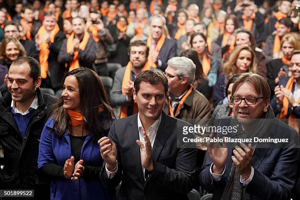 Ciudadanos party leader Albert Rivera applauds as he arrives to the final electoral campaign rally at Plaza de Santa Ana on December 18, 2015 in...