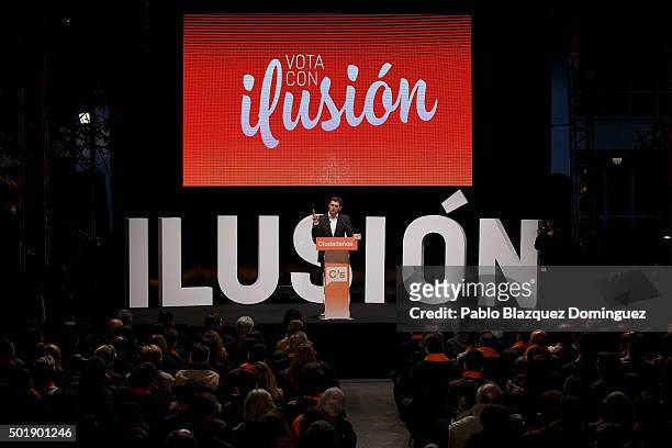 Ciudadanos party leader Albert Rivera speaks during the final electoral campaign rally at Plaza de Santa Ana on December 18, 2015 in Madrid, Spain....