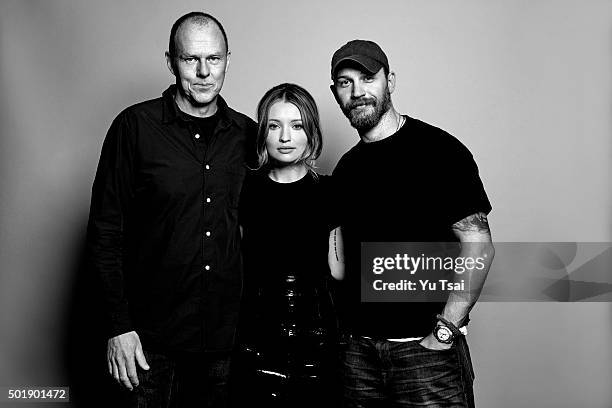 The cast of 'Legend' director Brian Helgeland and actors Emily Browning and Tom Hardy are photographed at the Toronto Film Festival for Variety on...