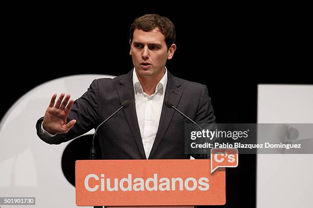 Ciudadanos party leader Albert Rivera speaks during the final electoral campaign rally at Plaza de Santa Ana on December 18, 2015 in Madrid, Spain....