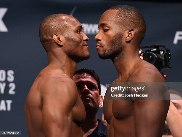 Opponents Kamaru Usman and Leon Edwards of England face off during the UFC weigh-in at the Orange County Convention Center on December 18, 2015 in...