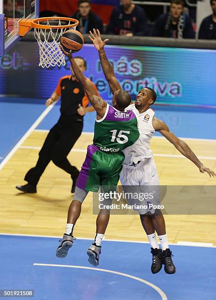 Jamar Smith, #15 of Unicaja Malaga in action during the Turkish Airlines Euroleague Basketball Regular Season Round 10 game between Unicaja Malaga v...