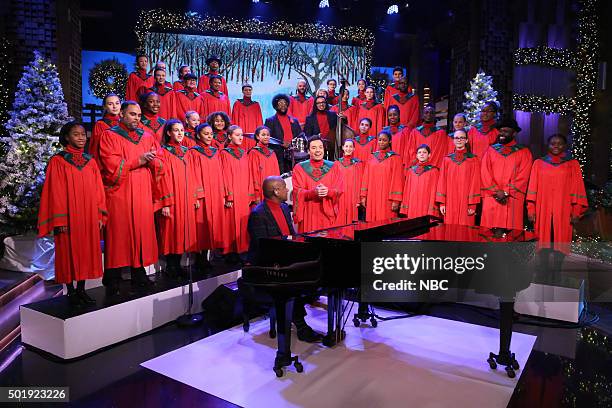 Episode 0391 -- Pictured: Host Jimmy Fallon and The Roots perform with the Young People's Chorus of New York City on December 18, 2015 --