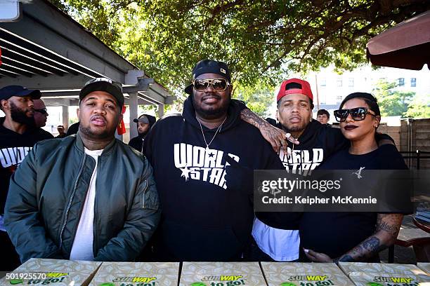 Mustard, Lee "Q" O'Denat, Kid Ink and Asiah Azante attend WorldStarHipHop's 3rd Annual Skid Row Xmas on December 18, 2015 in Los Angeles, California.