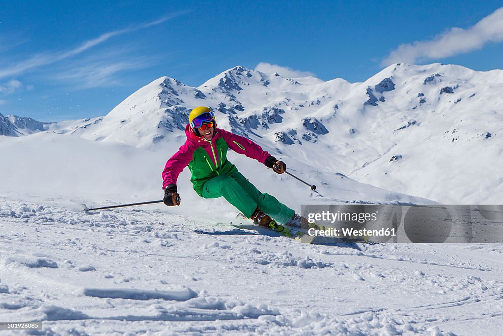 Switzerland, Graubuenden, Obersaxen, female Skier