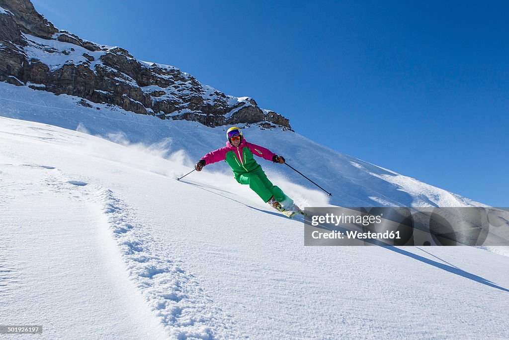 Switzerland, Graubuenden, Obersaxen, female Skier