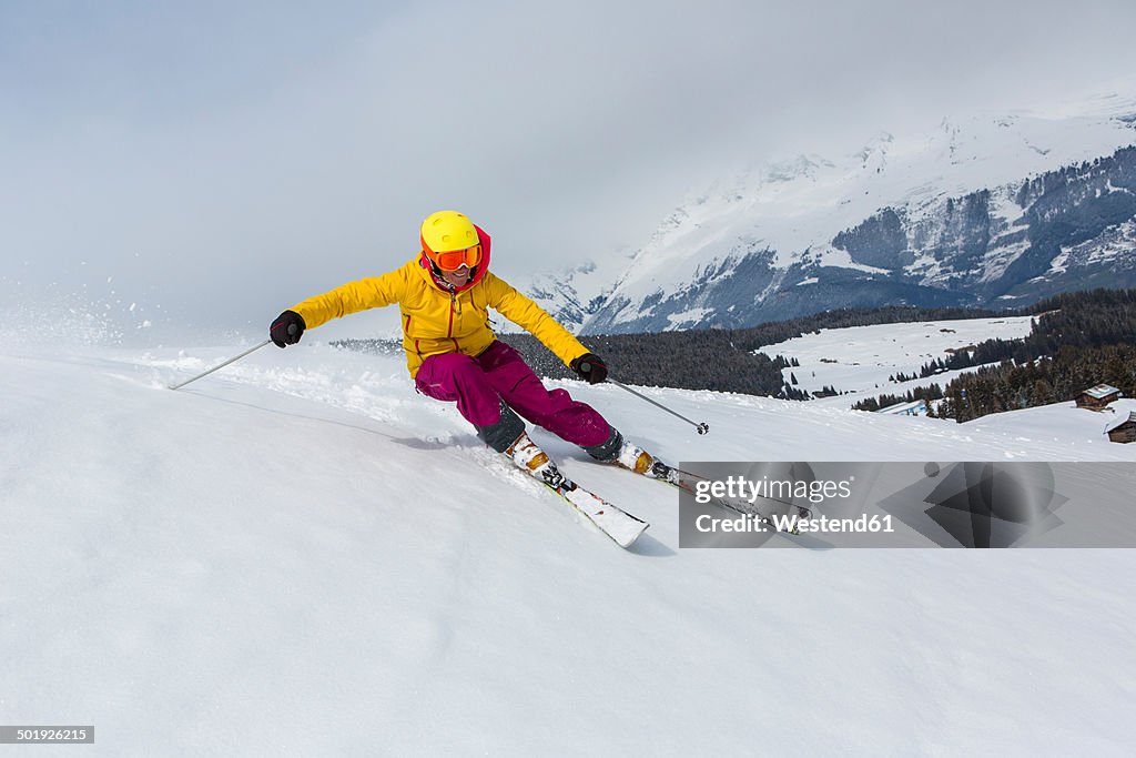 Switzerland, Graubuenden, Obersaxen, female Skier