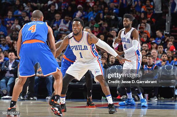 Tony Wroten of the Philadelphia 76ers plays tight defense against the New York Knicks at Wells Fargo Center on December 18, 2015 in Philadelphia,...