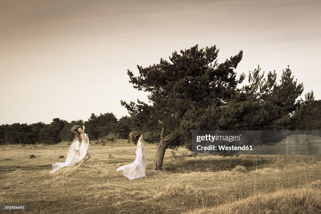 Germany, Bavaria, Froettmaning Heath, young women wearing a tulle dress and running and jumping