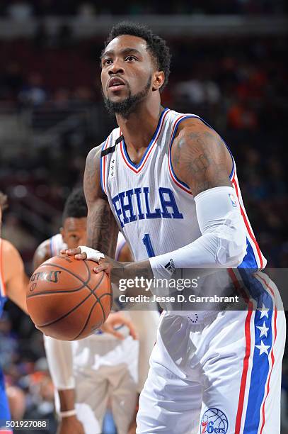 Tony Wroten of the Philadelphia 76ers shoots a foul shot against the New York Knicks at Wells Fargo Center on December 18, 2015 in Philadelphia,...