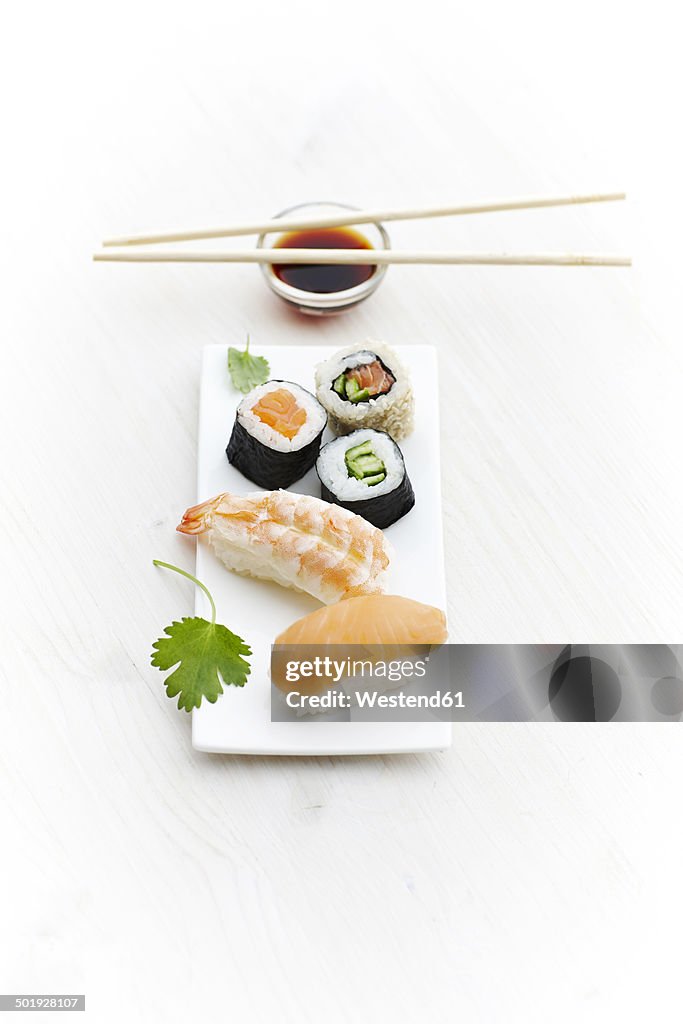 Variety of sushi on plate