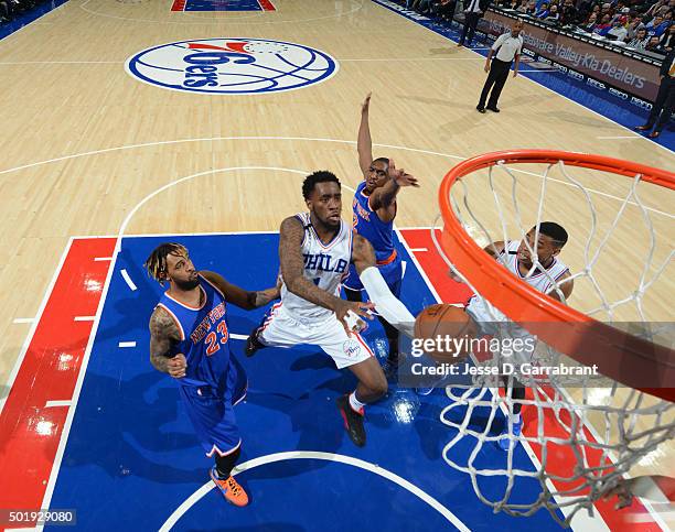 Tony Wroten of the Philadelphia 76ers goes up for the layup against the New York Knicks at Wells Fargo Center on December 18, 2015 in Philadelphia,...