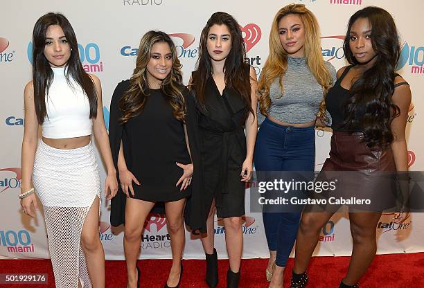 Camila Cabello, Ally Brooke Hernandez, Lauren Jauregui, Dinah Jane Hansen and Normani Kordei of Fifth Harmony pose backstage at Y100's Jingle Ball...
