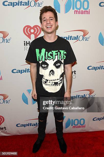 Charlie Puth poses backstage at Y100's Jingle Ball 2015 at BB&T Center on December 18, 2015 in Sunrise, Florida.