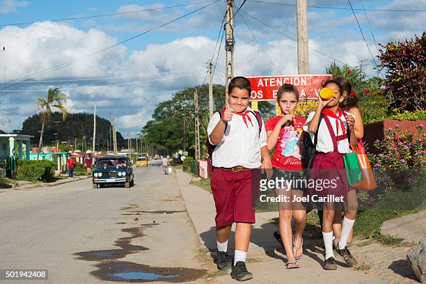 kids walking home from school in viñales, cuba - viñales cuba stock pictures, royalty-free photos & images
