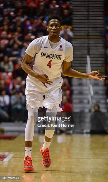 Dakarai Allen of the San Diego State Aztecs plays air-guitar celebrating a 3-point shot made in the first half against the Grand Canyon Antelopes at...