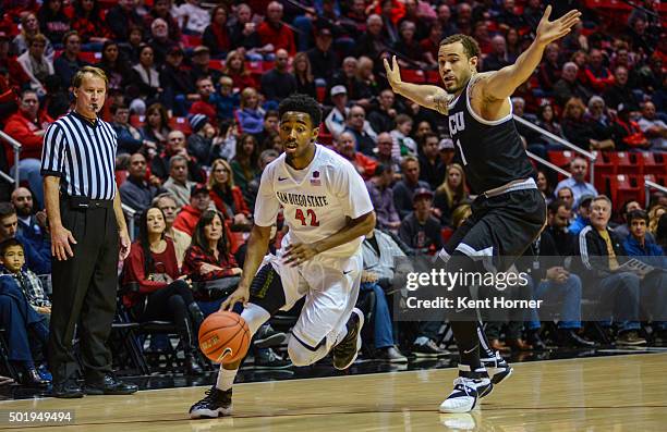 Jeremy Hemsley of the San Diego State Aztecs dribbles the ball in the first half against the Grand Canyon Antelopes at Viejas Arena on December 18,...