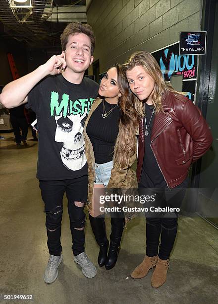 Charlie Puth, Becky G and Conrad Sewell backstage at Y100's Jingle Ball 2015 at BB&T Center on December 18, 2015 in Sunrise, Florida.