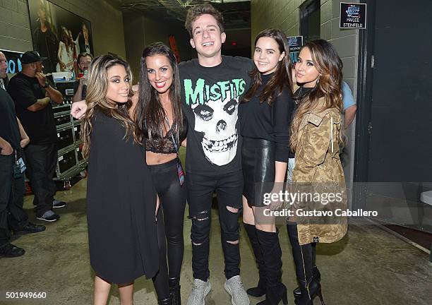 Lauren Jauregui of Fifth Harmony, guest, Charlie Puth, Bailee Madison and Becky G pose backstage at Y100's Jingle Ball 2015 at BB&T Center on...