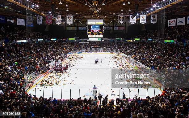 Stuffed animals are thrown onto the ice after Ty Ronning of the Vancouver Giants scored a goal against the Everett Silvertips during the first period...