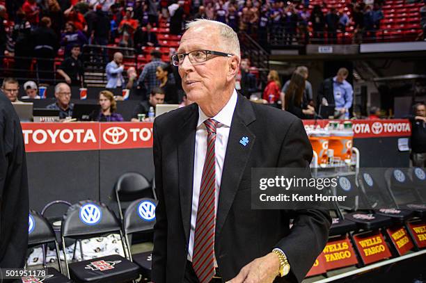Head coach Steve Fisher of the San Diego State Aztecs walks to the locker room from the bench area courtside after their 52-45 loss against the Grand...