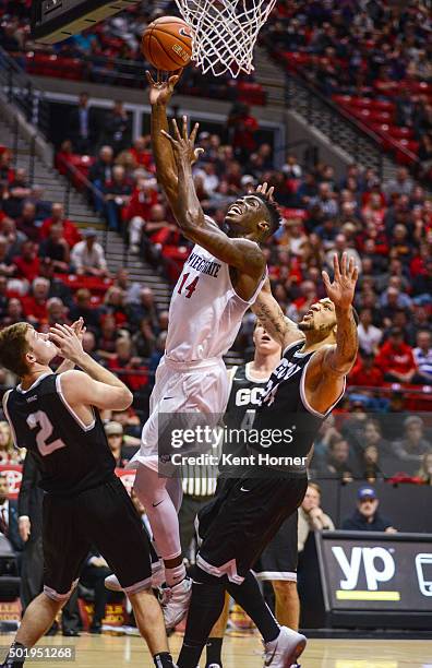 Zylan Cheatham of the San Diego State Aztecs shoots the ball in the second half against the Grand Canyon Antelopes at Viejas Arena on December 18,...