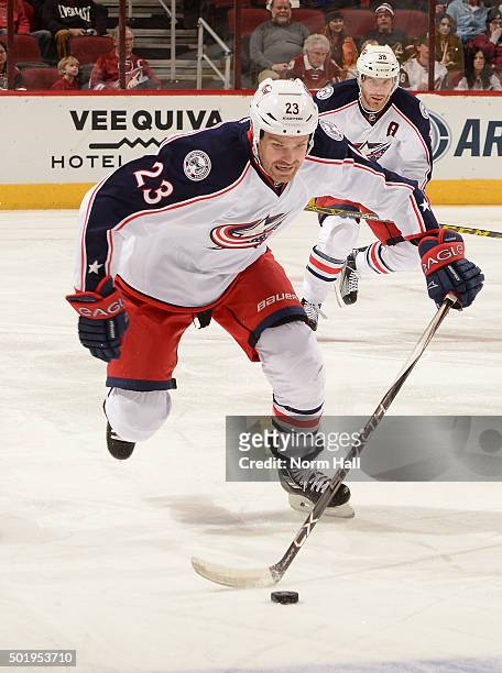 David Clarkson of the Columbus Blue Jackets skates with the puck against the Arizona Coyotes at Gila River Arena on December 17, 2015 in Glendale,...
