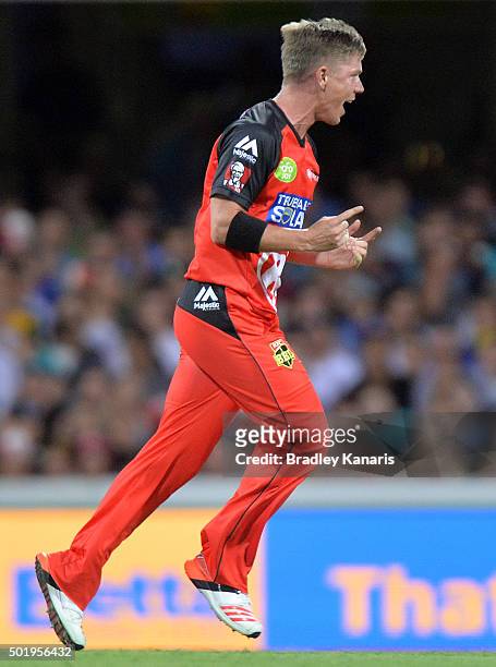 Xavier Doherty of the Renegades celebrates taking the wicket of Lendl Simmons of the Heat during the Big Bash League match between the Brisbane Heat...