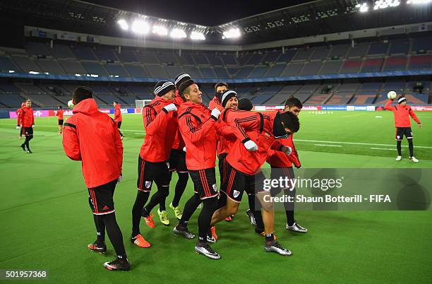 River Plate players in a relaxed mood during a training session at International Stadium Yokohama on December 19, 2015 in Yokohama, Japan.