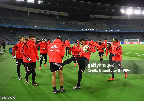 River Plate players warm up during a training session at International Stadium Yokohama on December 19, 2015 in Yokohama, Japan.