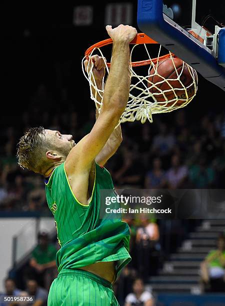 Mitch Young of the Crocodiles makes a slam dunk during the round 11 NBL match between the Townsville Crocodiles and the Perth Wildcats on December...