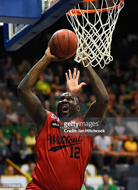 Nathan Jawai of the Wildcats attempts a layup during the round 11 NBL match between the Townsville Crocodiles and the Perth Wildcats on December 19,...