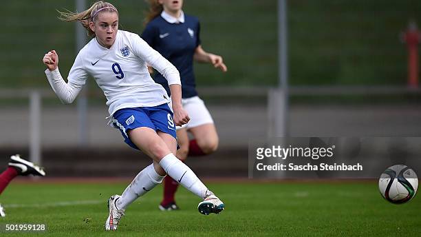 Ellie Brazil of England scores the opening goal during the U17 girl's international friendly match between France and England on December 19, 2015 in...