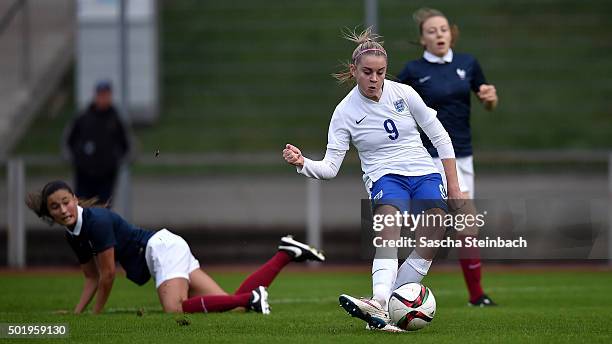 Ellie Brazil of England scores the opening goal during the U17 girl's international friendly match between France and England on December 19, 2015 in...