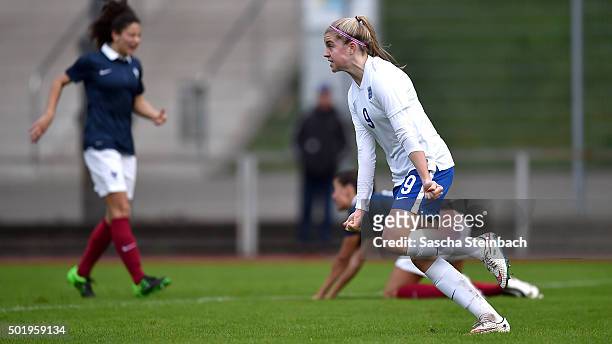 Ellie Brazil of England celebrates after scoring the opening goal during the U17 girl's international friendly match between France and England on...