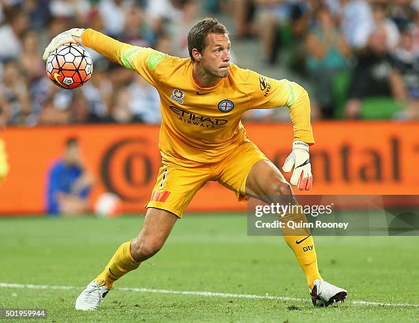 Thomas Sorensen of the City throws the ball during the round 11 A-League match between Melbourne City FC and Melbourne Victory at AAMI Park on...