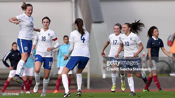 Riva Casley of England celebrates with team mates after scoring her team's second goal during the U17 girl's international friendly match between...