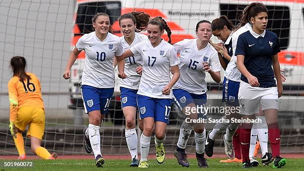 Georgia Stanway of England celebrates with team mates after scoring her team's third goal from a penalty during the U17 girl's international friendly...