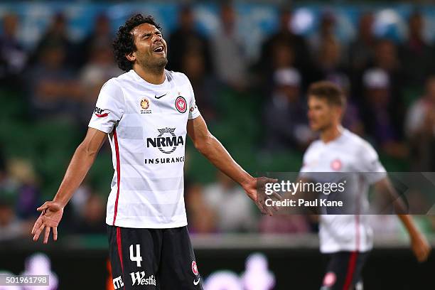 Nikolai Topor-Stanley of the Wanderers reacts after giving away a free kick during the round 11 A-League match between the Perth Glory and the...