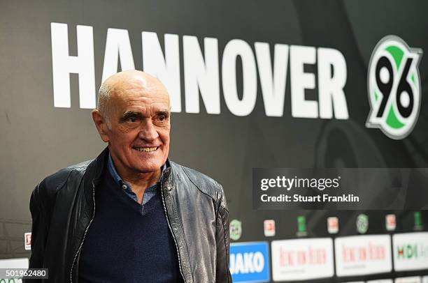 Martin Kind, president of Hannover 96 looks on prior to the start of the Bundesliga match between Hannover 96 and FC Bayern Muenchen at HDI-Arena on...