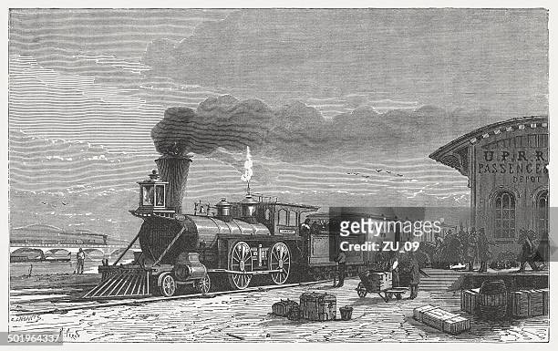 omaha (nebraska), union pacific railroad, wood engraving, published in 1865 - industrial revolution 幅插畫檔、美工圖案、卡通及圖標