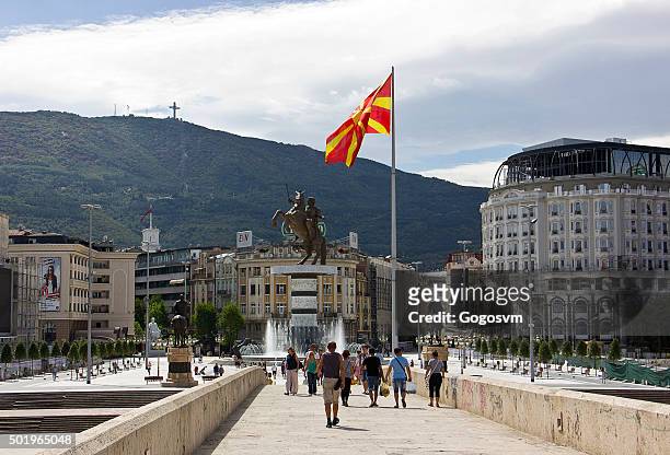 people on skopje square - north macedonia stock pictures, royalty-free photos & images
