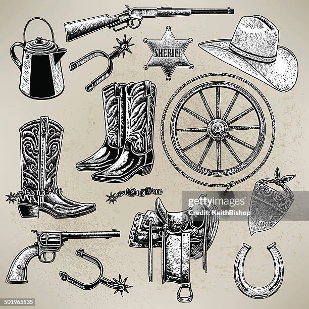 ilustraciones, imágenes clip art, dibujos animados e iconos de stock de cowboy de artículos - horseshoe