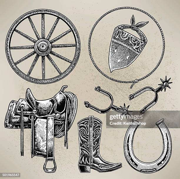 cowboy riding gear - boot spur stock illustrations