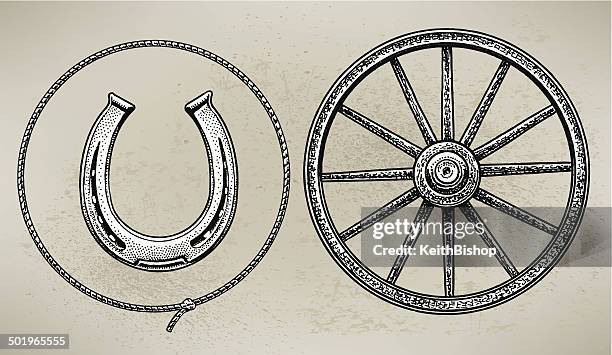 stockillustraties, clipart, cartoons en iconen met cowboy wagon wheel, horseshoe and lasso - horseshoe