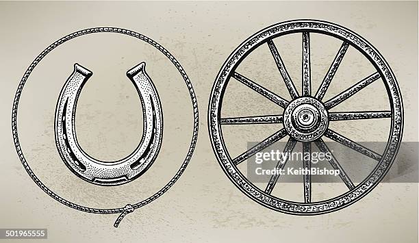 bildbanksillustrationer, clip art samt tecknat material och ikoner med cowboy wagon wheel, horseshoe and lasso - vagnshjul