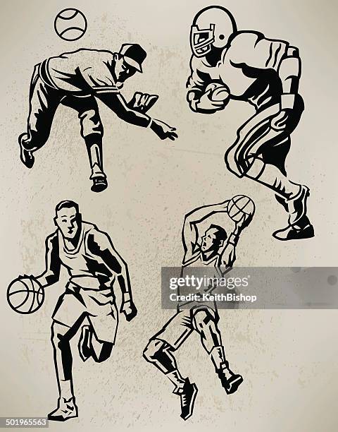 ilustraciones, imágenes clip art, dibujos animados e iconos de stock de sports atletas de béisbol, fútbol, básquetbol y retro - atleta